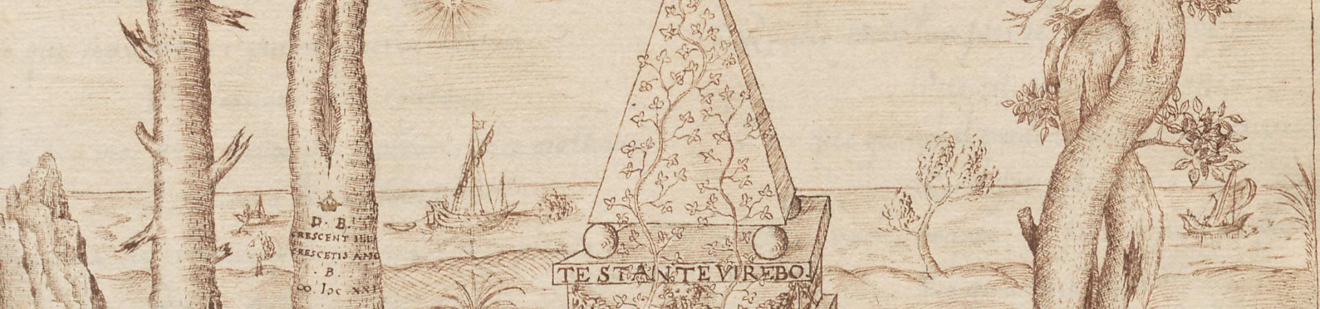 Pentekening piramide met citaat "Te stante virebo" uit 17de-eeuws liedboek