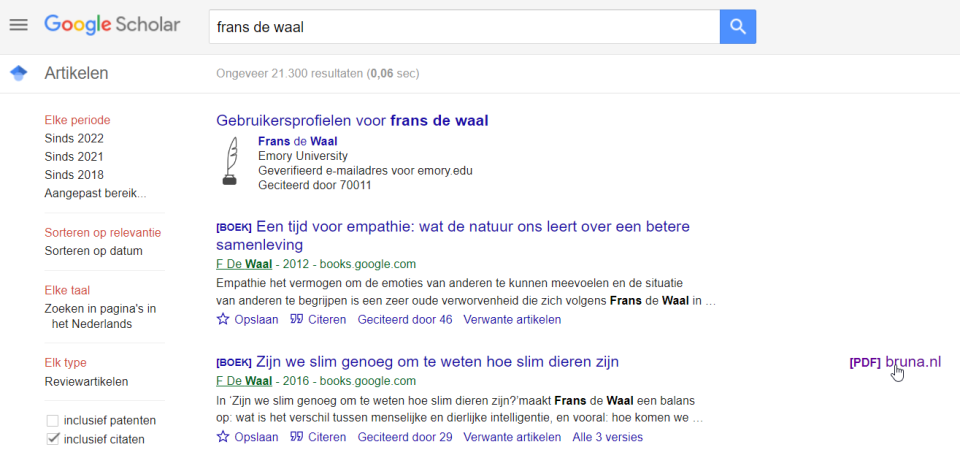 Artikel Frans De Waal op Google Scholar